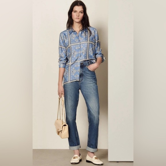 Sandro | Carlota Printed Silk Blouse Blue white size 1 (small) - Picture 5 of 13